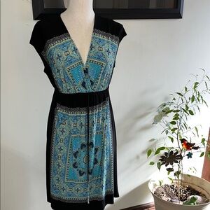 Enfocus Studio Black Dress with Teal and Aqua Medallion Print